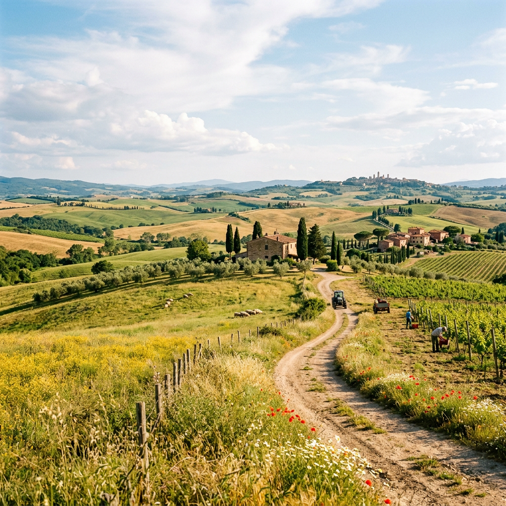 Tuscan countryside with vineyards, farmhouses, rolling hills, and workers