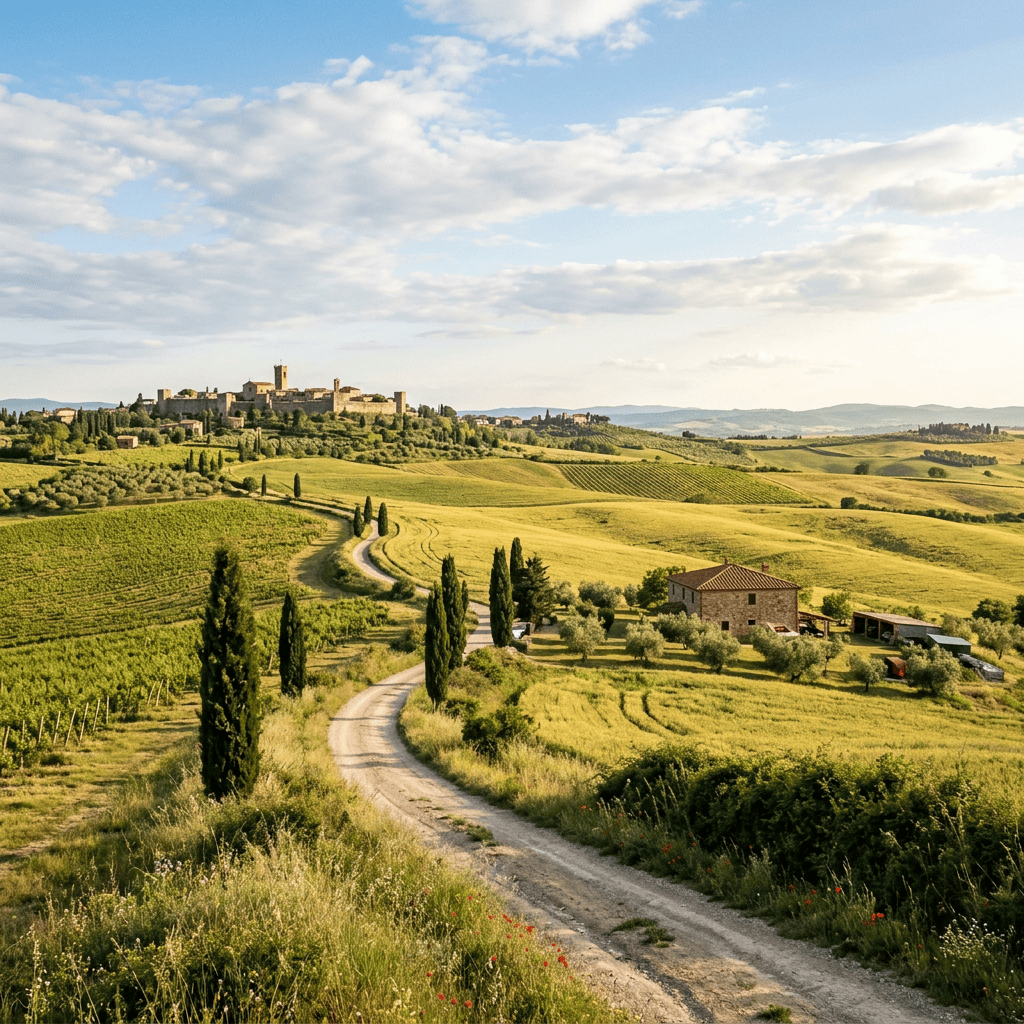 Winding road through Tuscan fields toward a medieval hilltop village